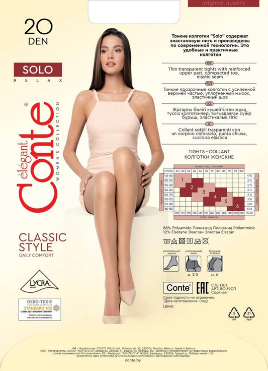 Conte Elegant Solo Classic Sheer Pantyhose with Control Top – Women’s 20 Den Tights Matte Effect Nylon